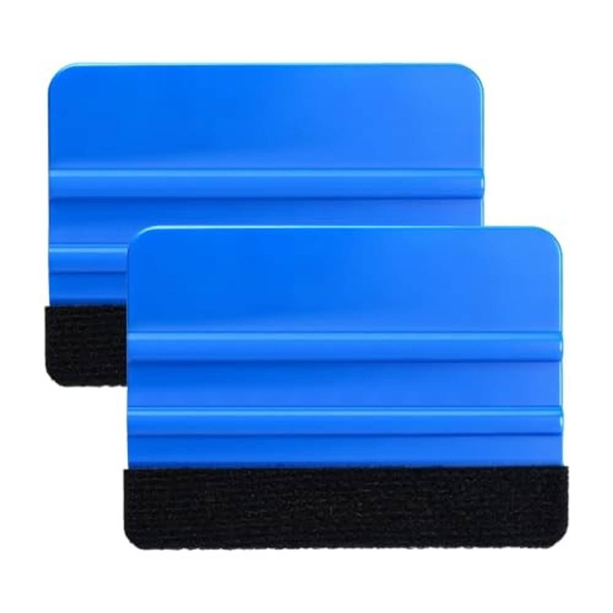 Two blue felt-edge squeegees with black pads, vinyl wrap scraper tools in pair view