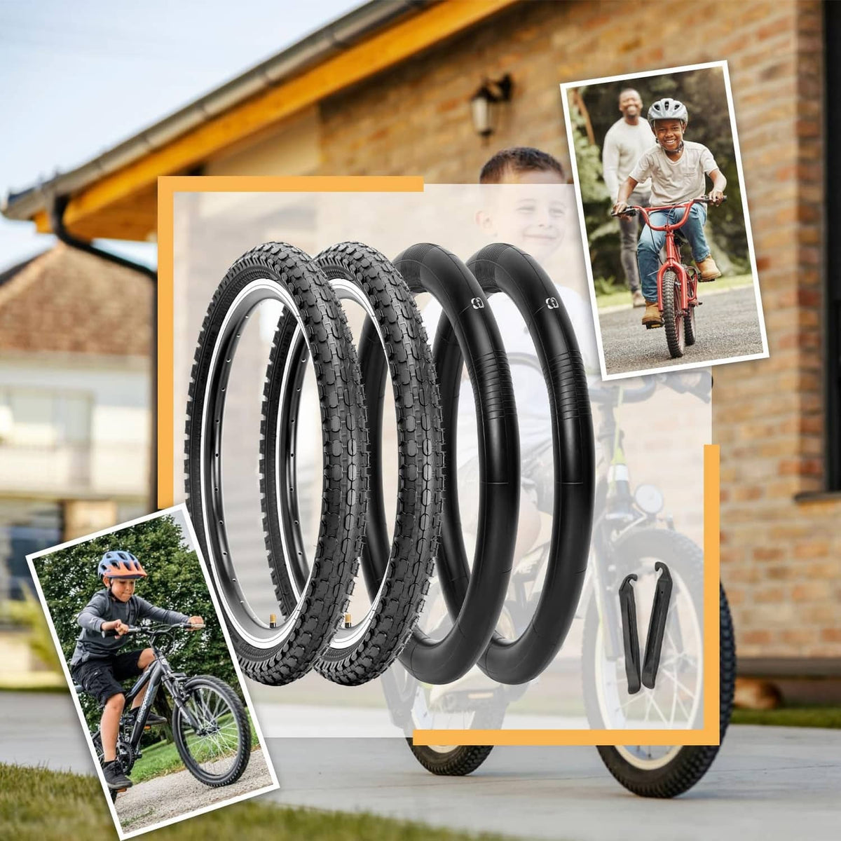 Set of black knobby bicycle tires for kids bikes