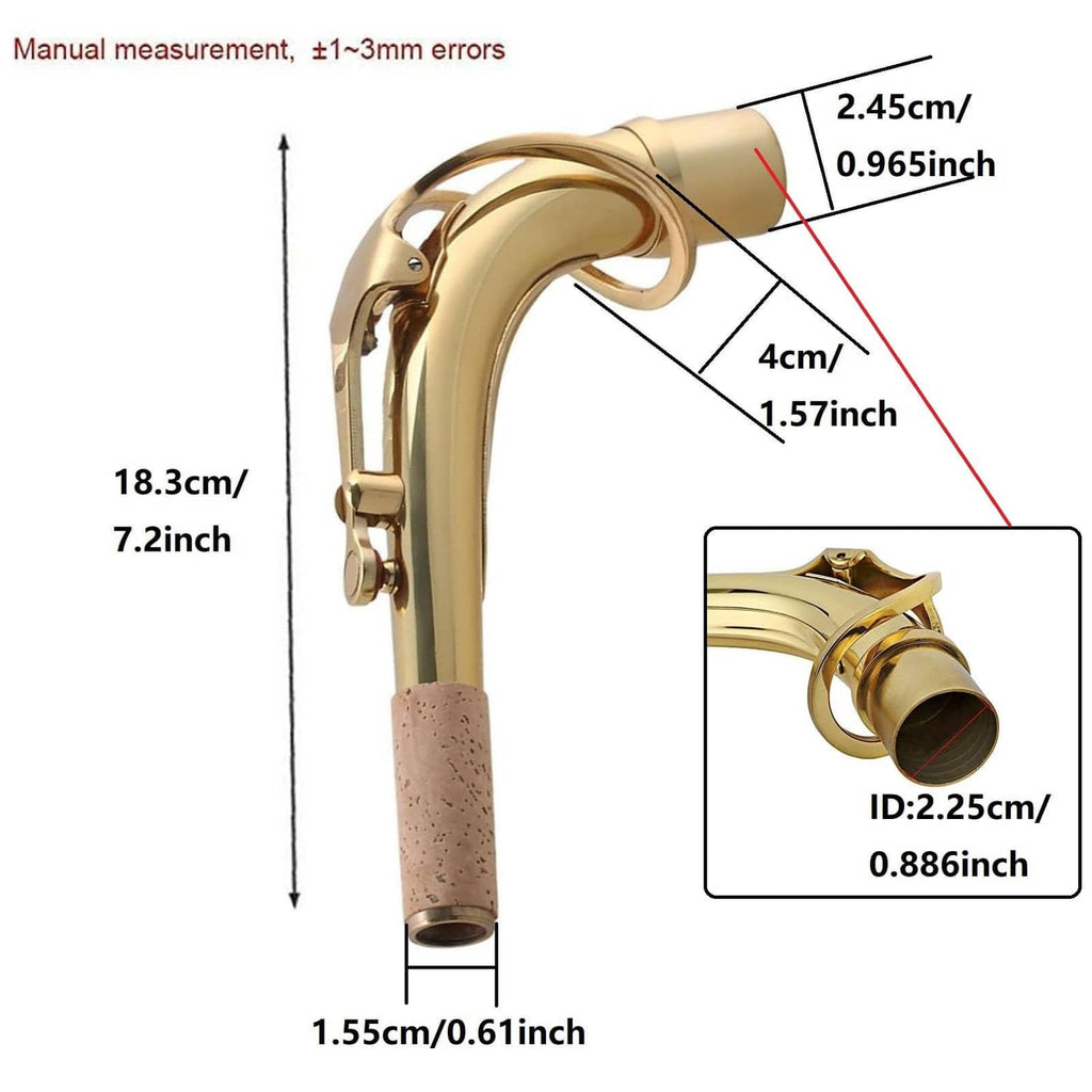 Brass saxophone bend neck assembly with illustrated measurement callouts