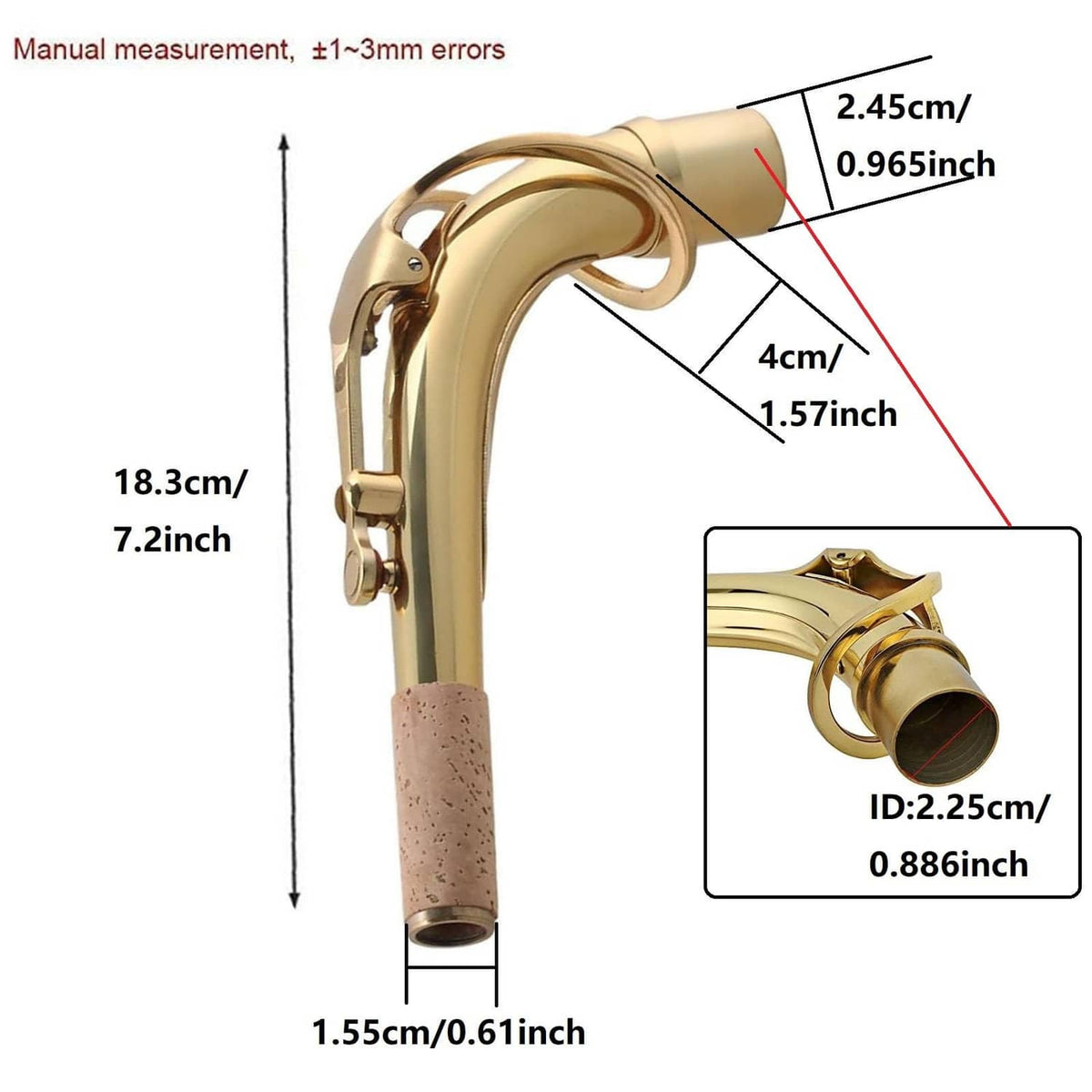 Brass saxophone bend neck assembly with illustrated measurement callouts