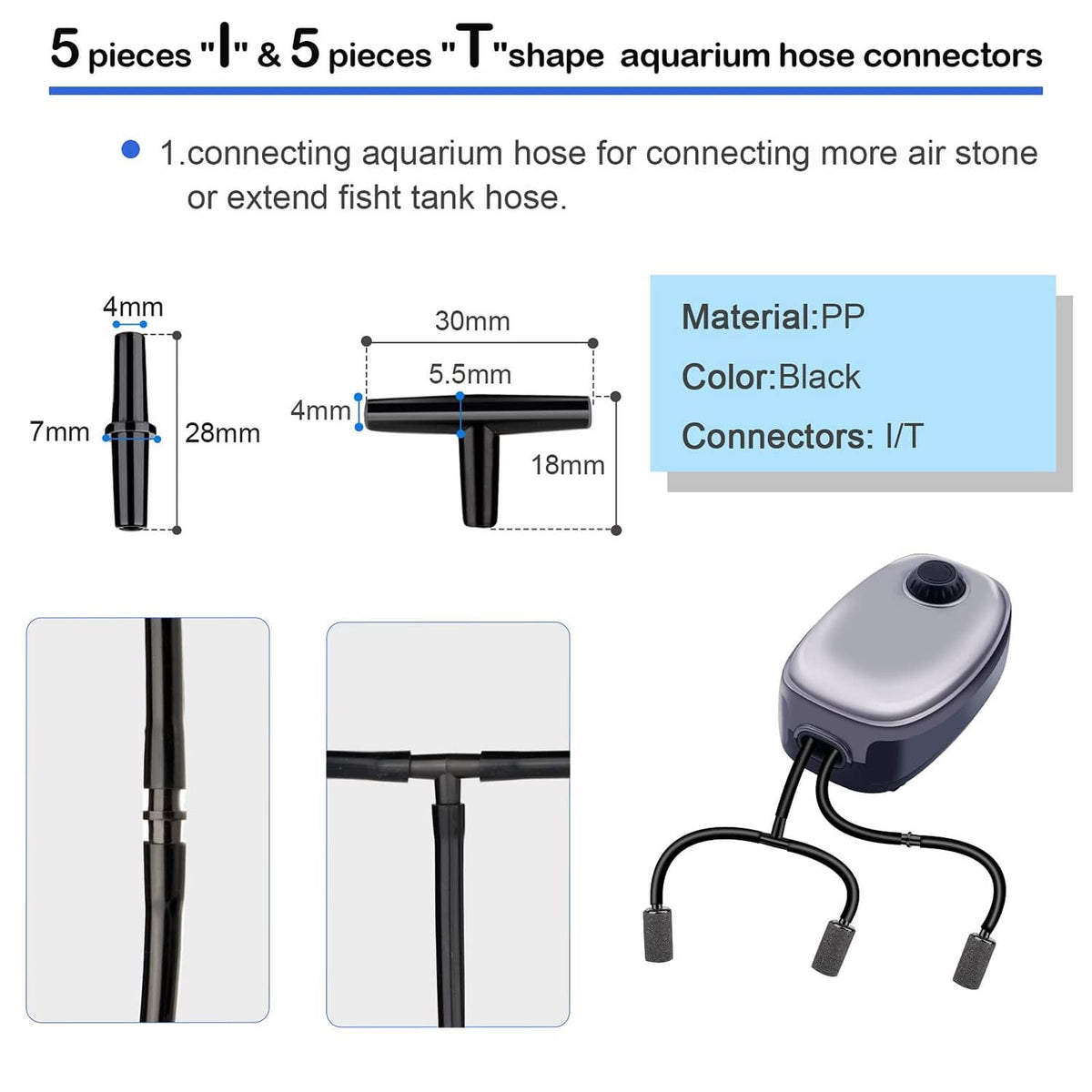 Black aquarium hose connectors, I and T shapes, 10 pieces total