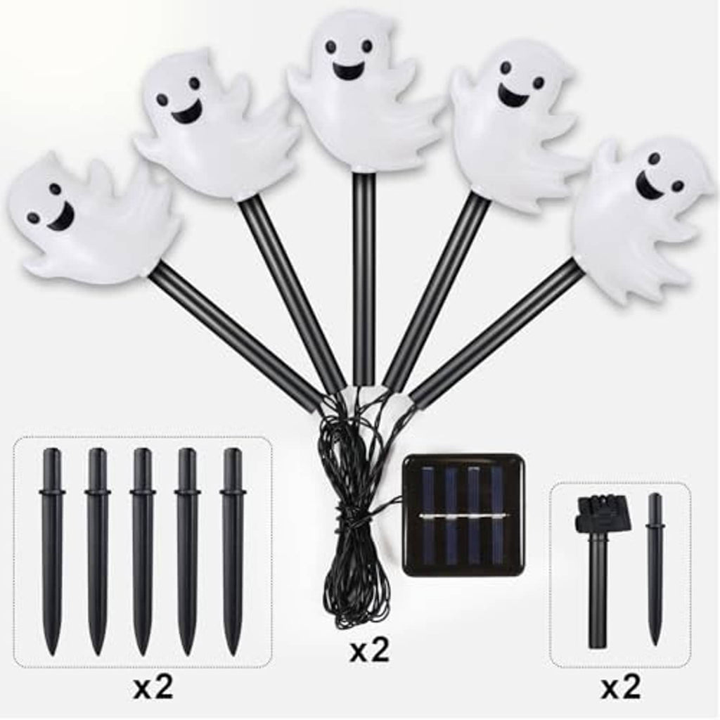 White ghost solar stake lights set with black stakes and solar panel box