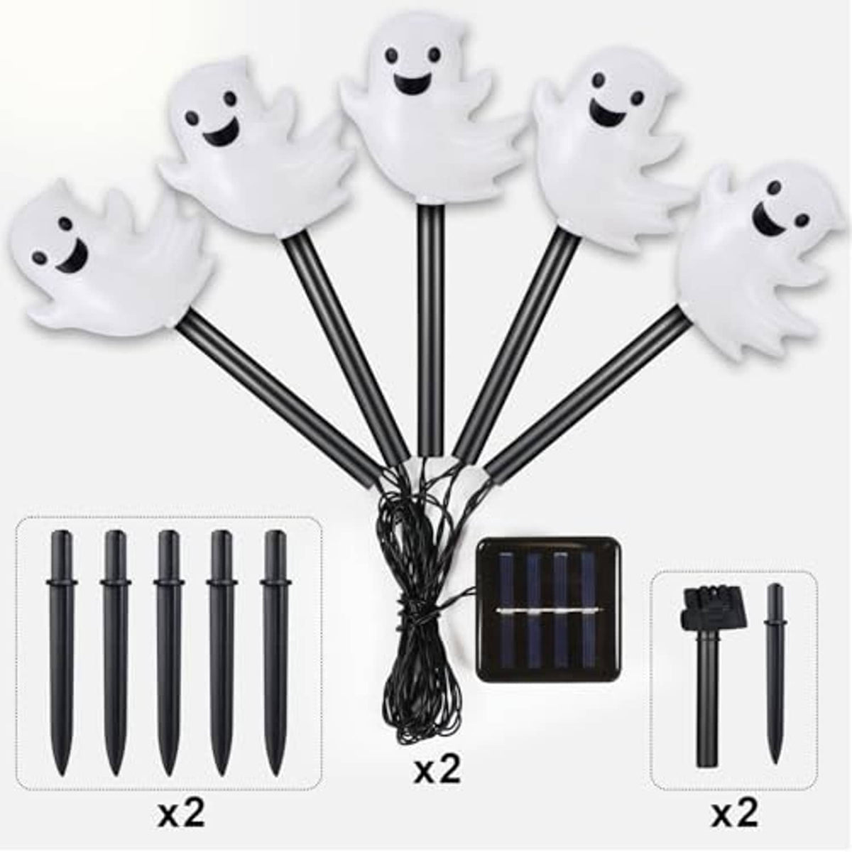White ghost solar stake lights set with black stakes and solar panel box