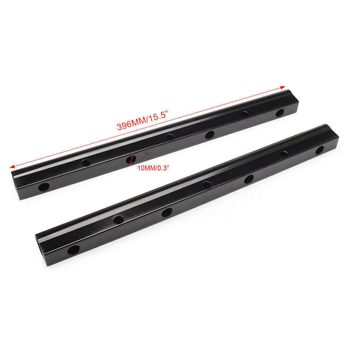 Black billet fuel rails with multiple mounting holes, pair of long bars