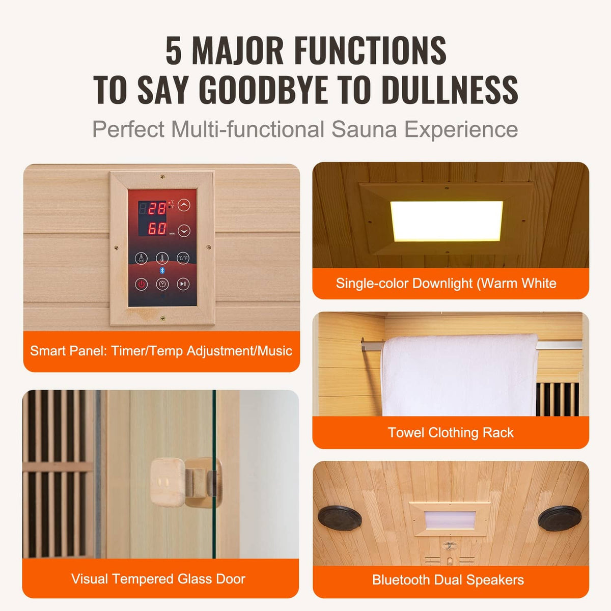 Home sauna control panel and interior with warm light, towel rack, and Bluetooth speakers