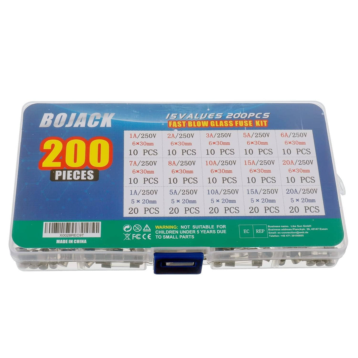 Fast-blow glass fuse kit case back, 200-piece label and spec grid