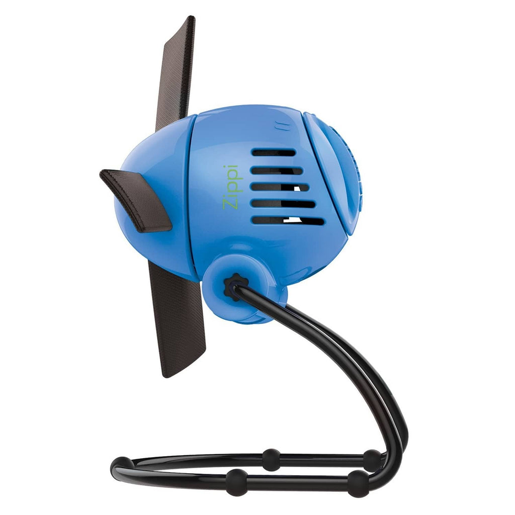 Blue foldable desk fan with vented front grille, side shield, and flexible arms