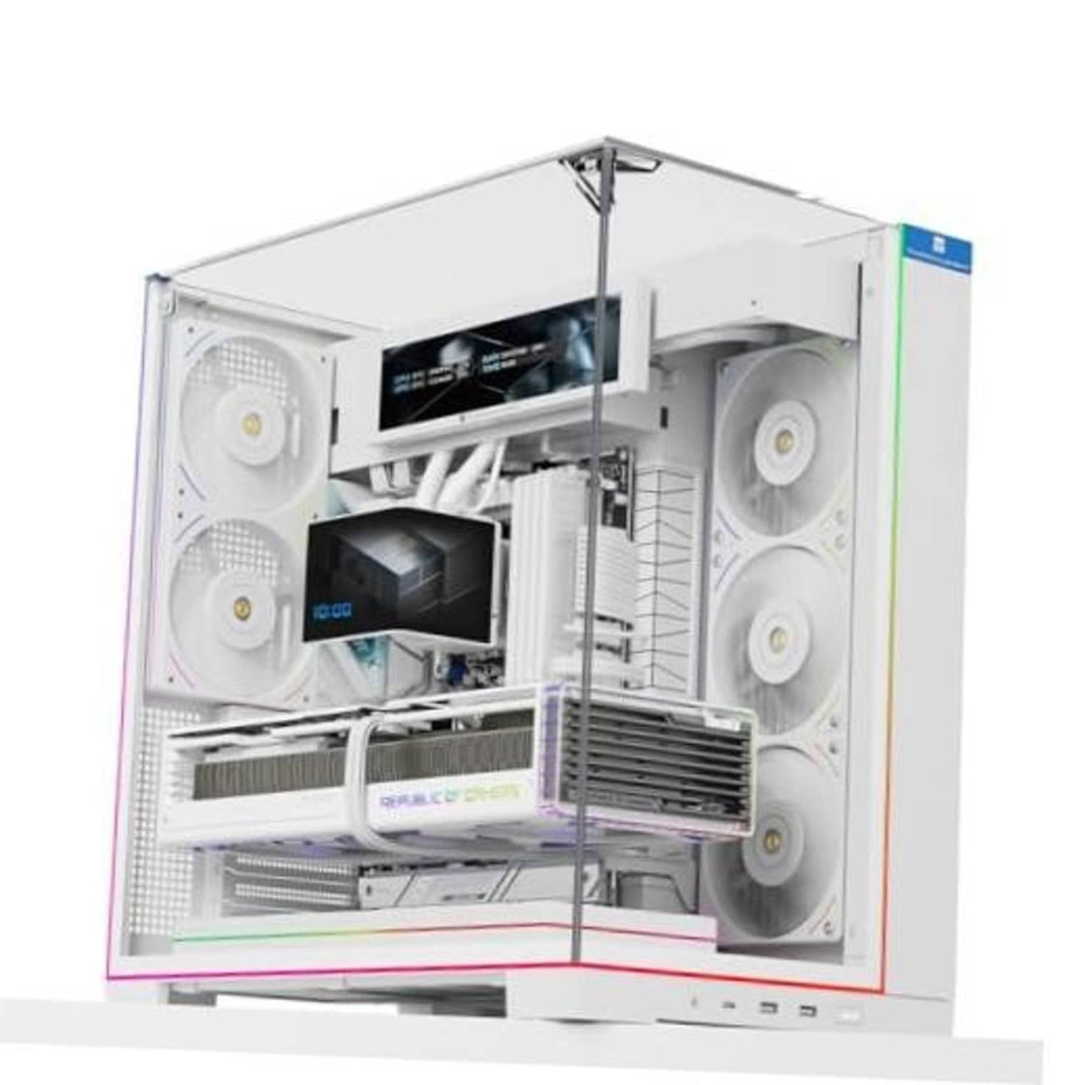 White ATX gaming PC case open with four fans, GPU bracket, and drive bays