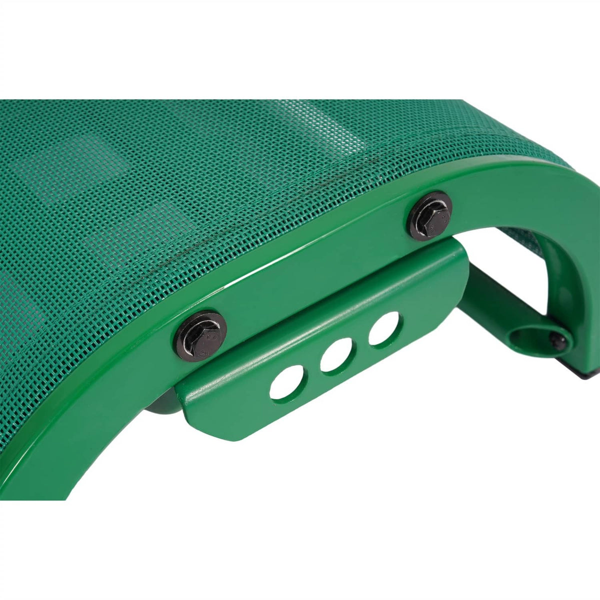 Close-up of green mesh boat seat side panel with screws and perforated mounting bar.