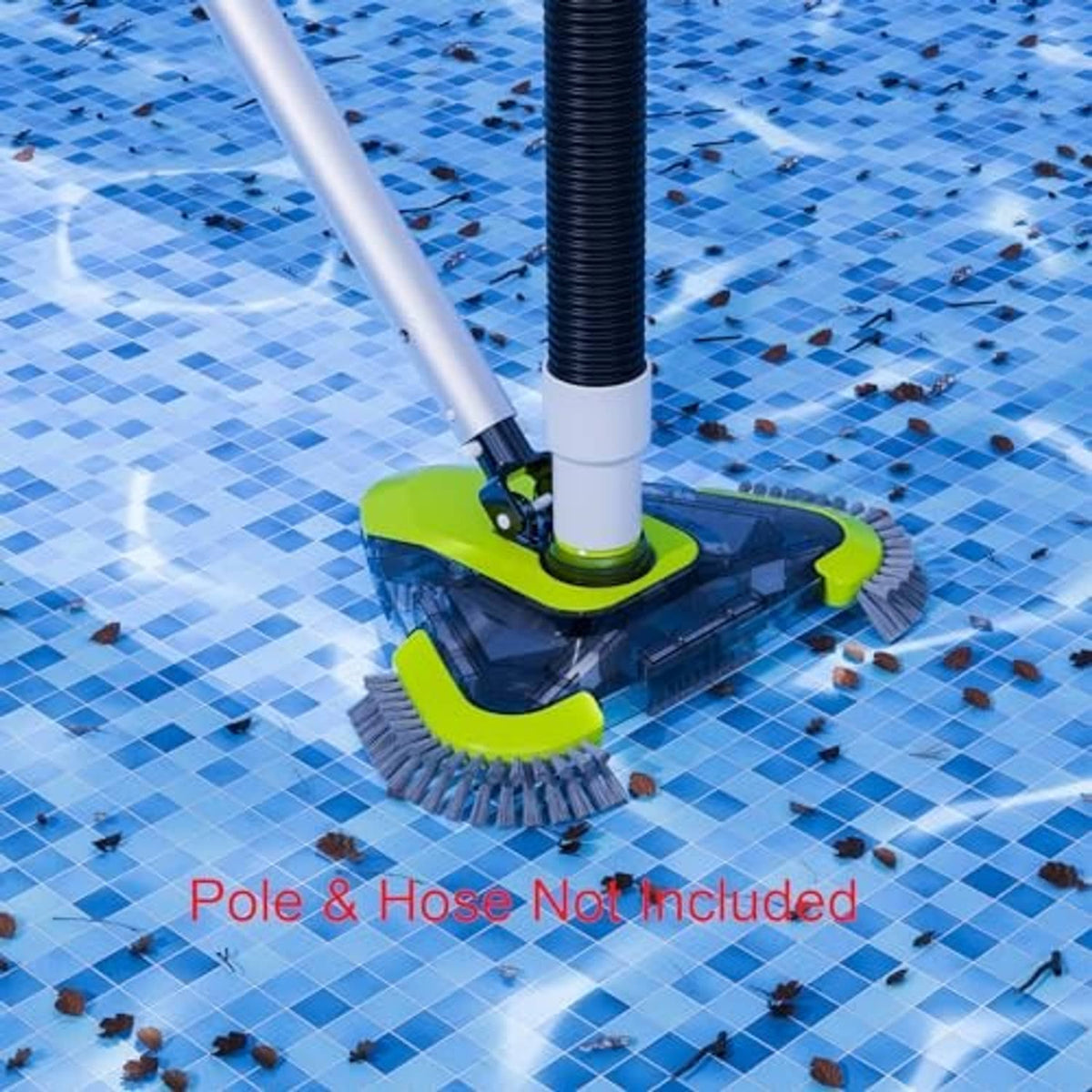 Pool vacuum head with swivel joint, green base, and gray bristles for pool floors