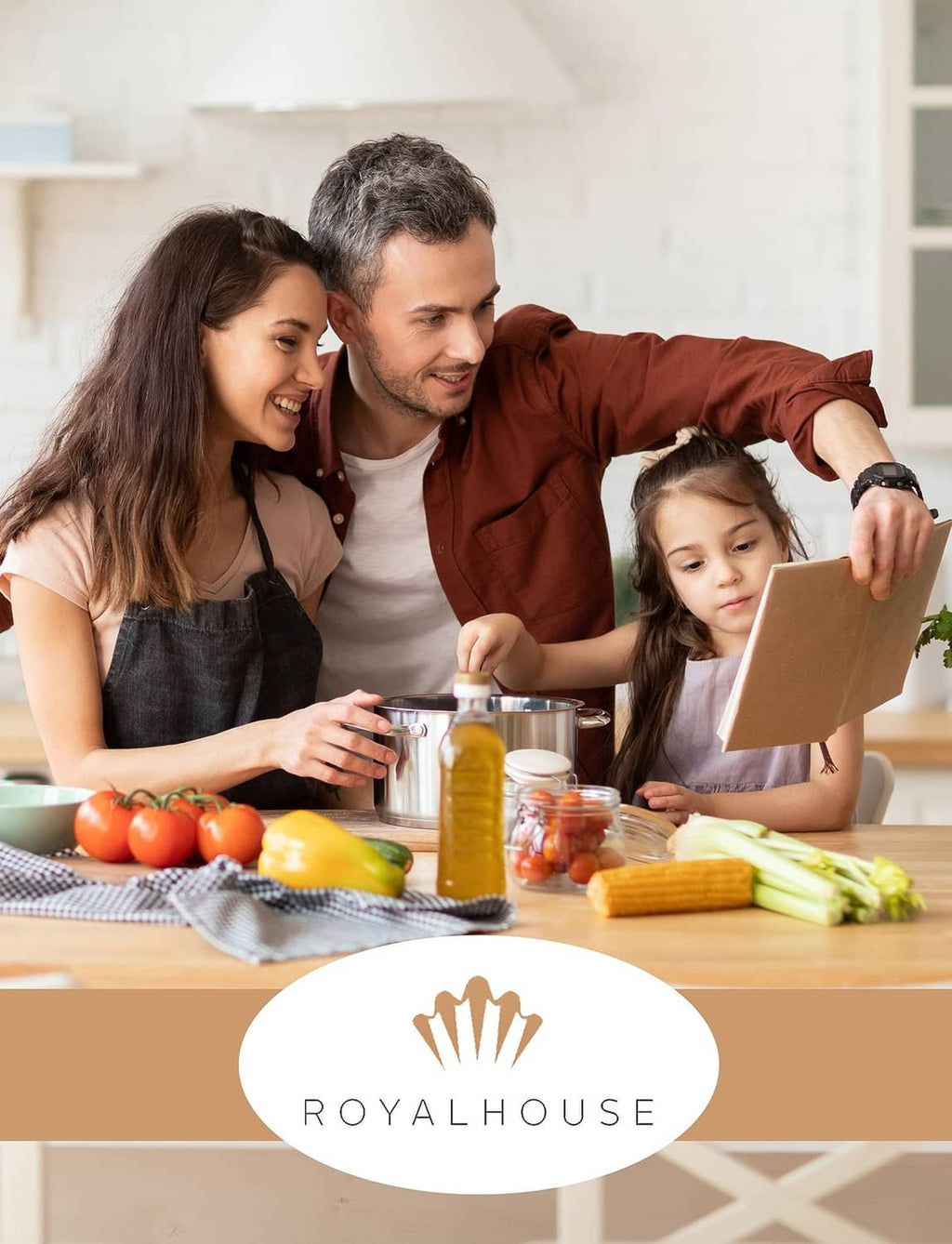 RoyalHouse logo over family cooking scene in a kitchen