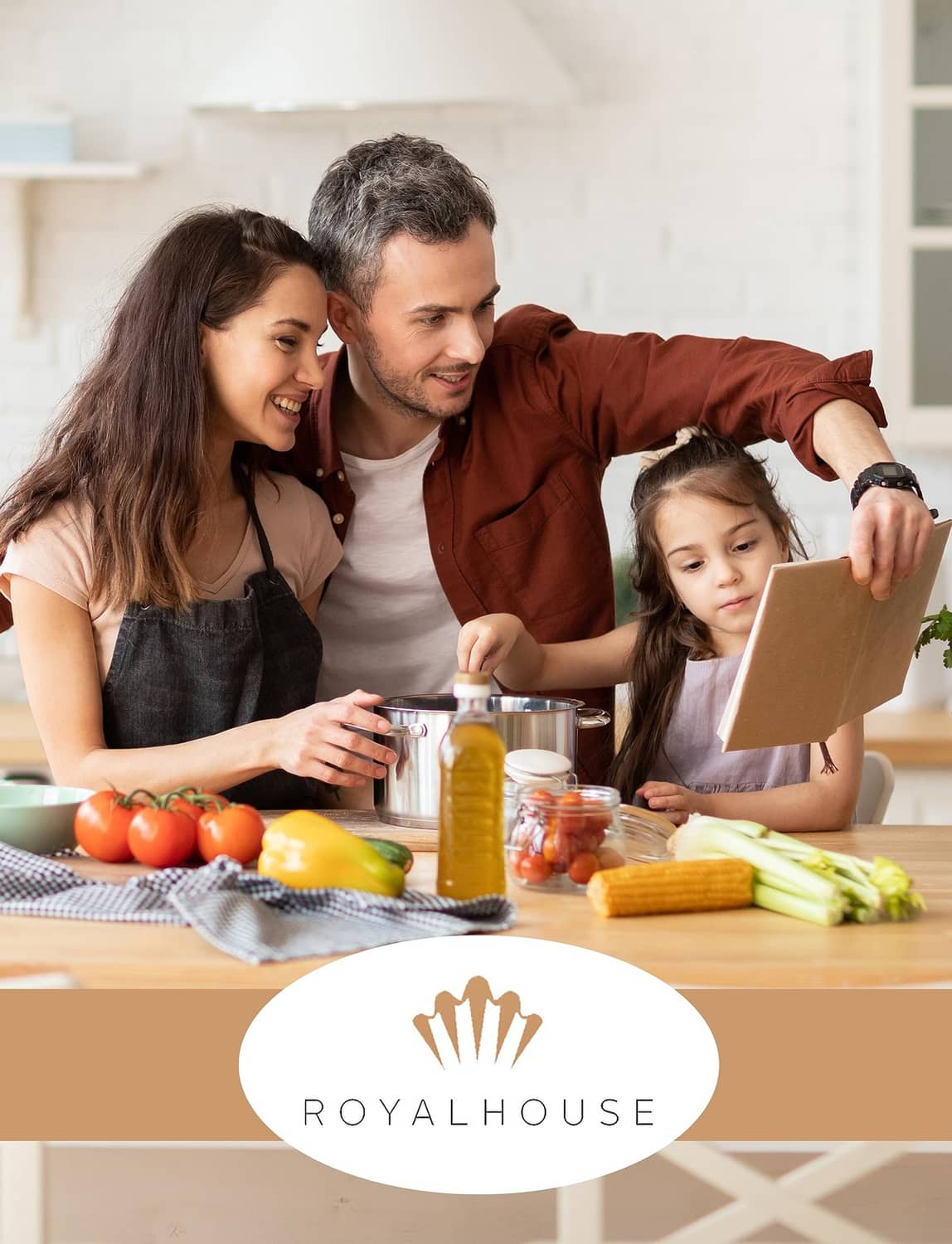 RoyalHouse logo over family cooking scene in a kitchen