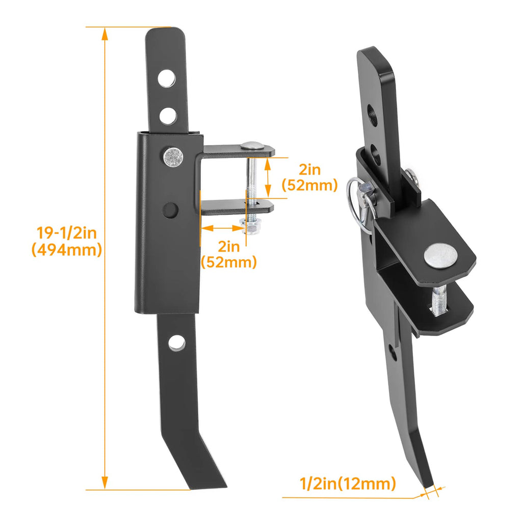 Powder-coated steel chisel plow implement bracket with U-bolt and measurement labels