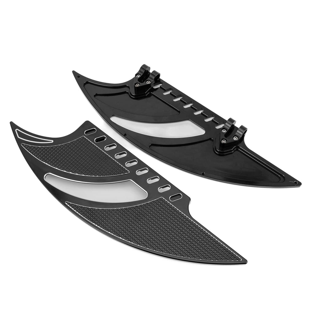 Front motorcycle floorboards pair, black textured footpads with silver trim and brackets