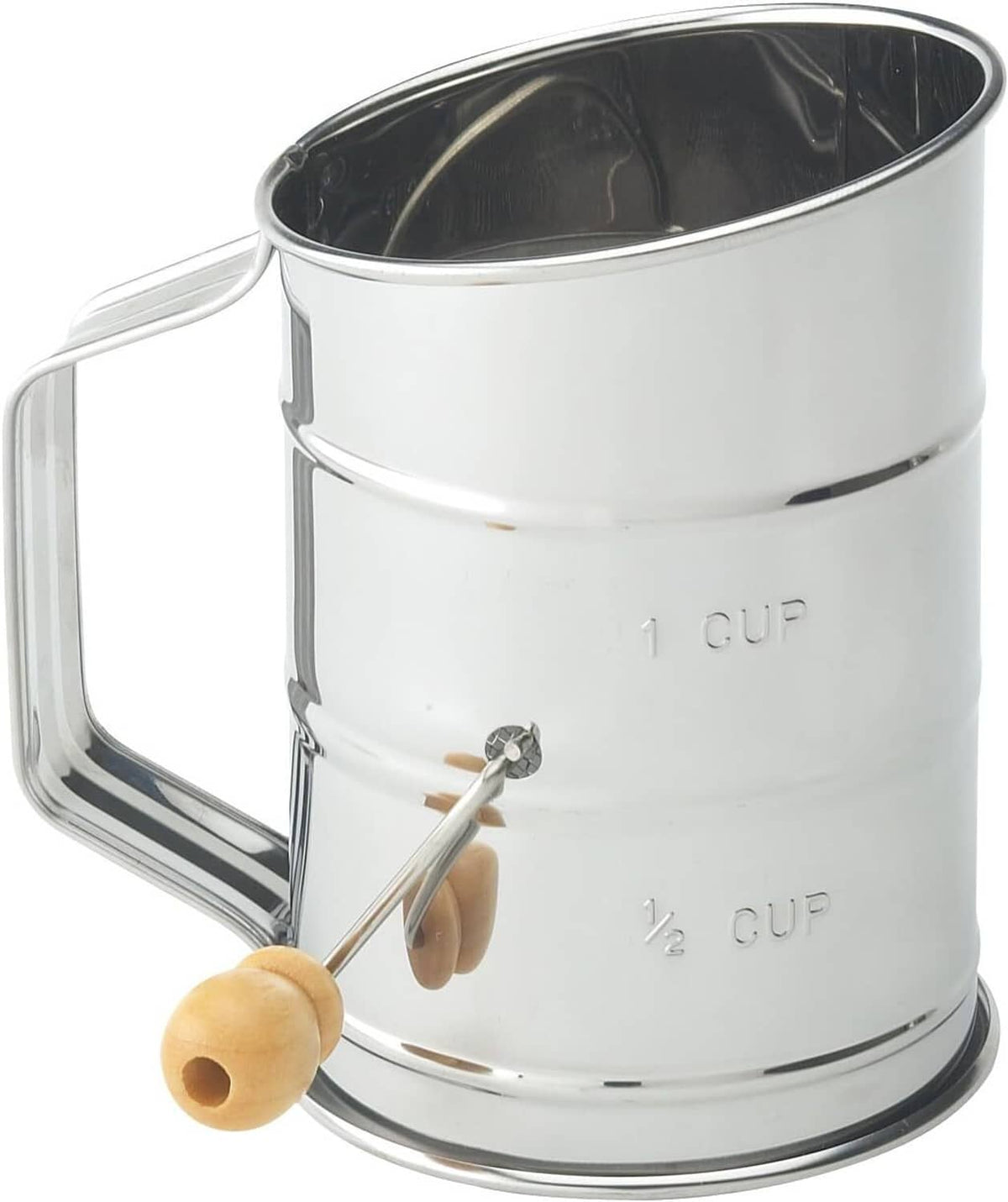 Stainless steel 1-cup sifter with measuring markings and wooden knob
