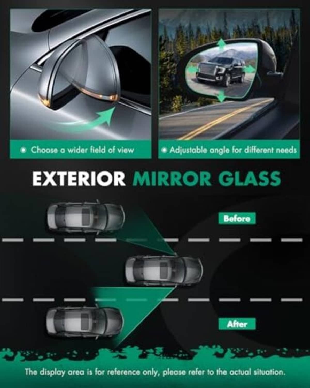 Exterior mirror glass with wider viewing angle and adjustable fit graphic.