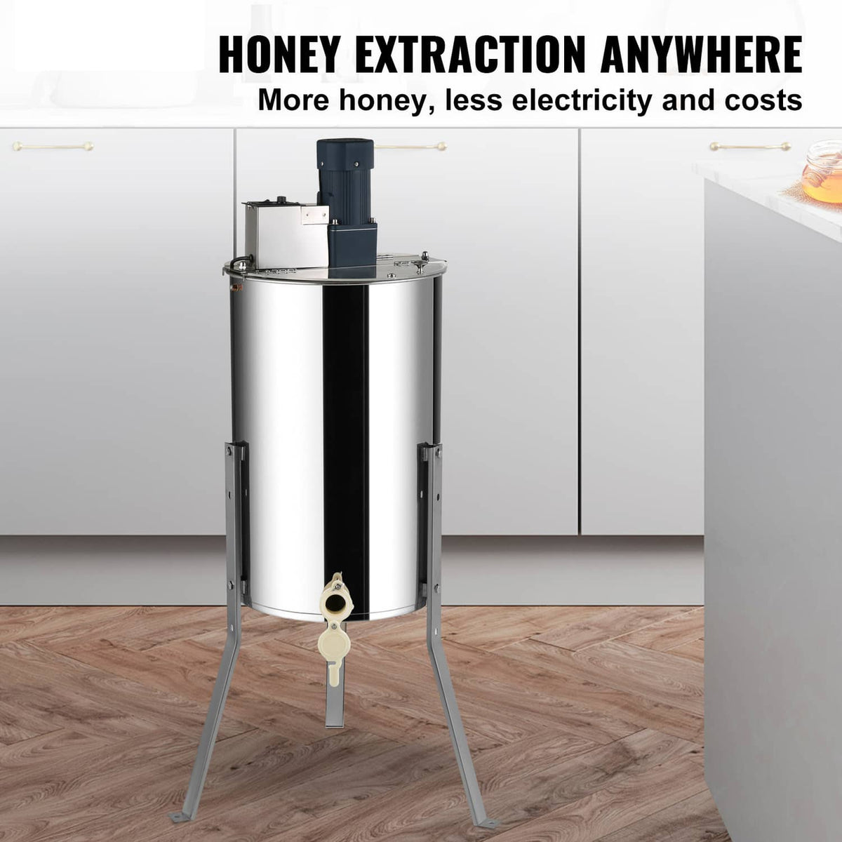 Electric honey extractor with stainless steel tank and tripod legs, honey gate front