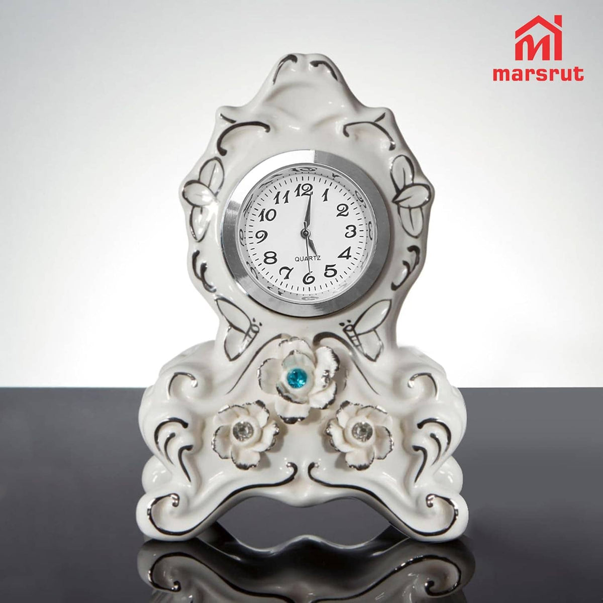 Clock face insert in white ceramic frame, silver bezel, white dial, black Roman numerals