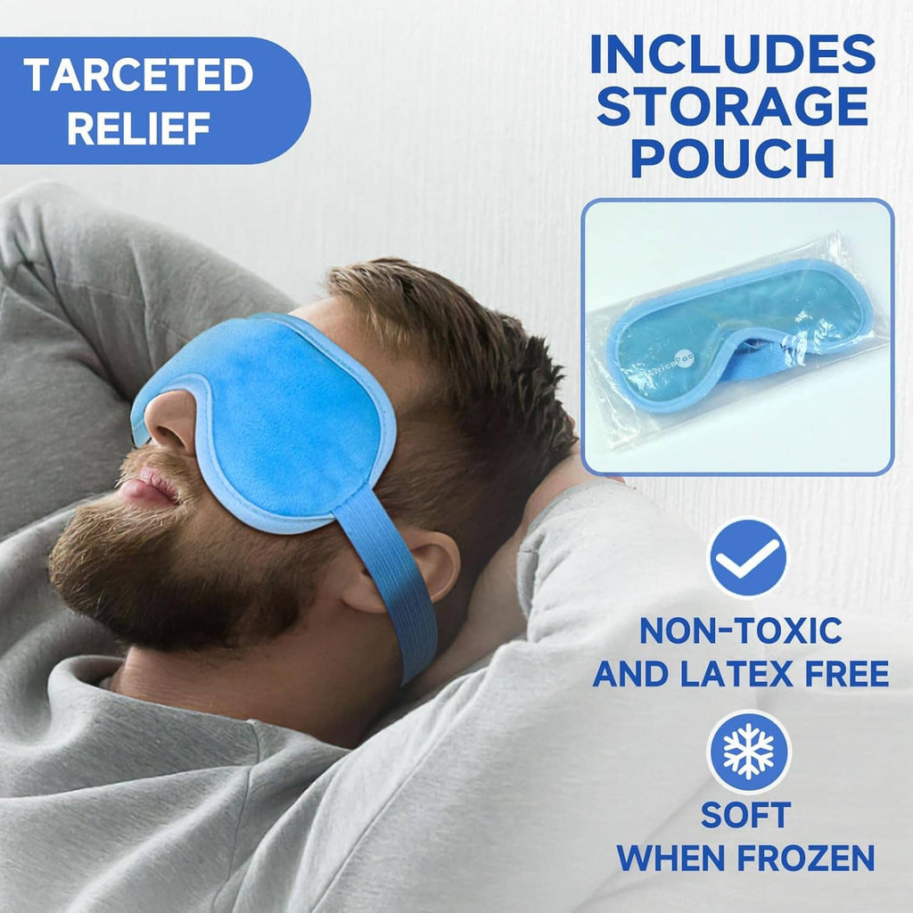 Blue eye cooling mask worn by a sleeping person; includes a clear storage pouch