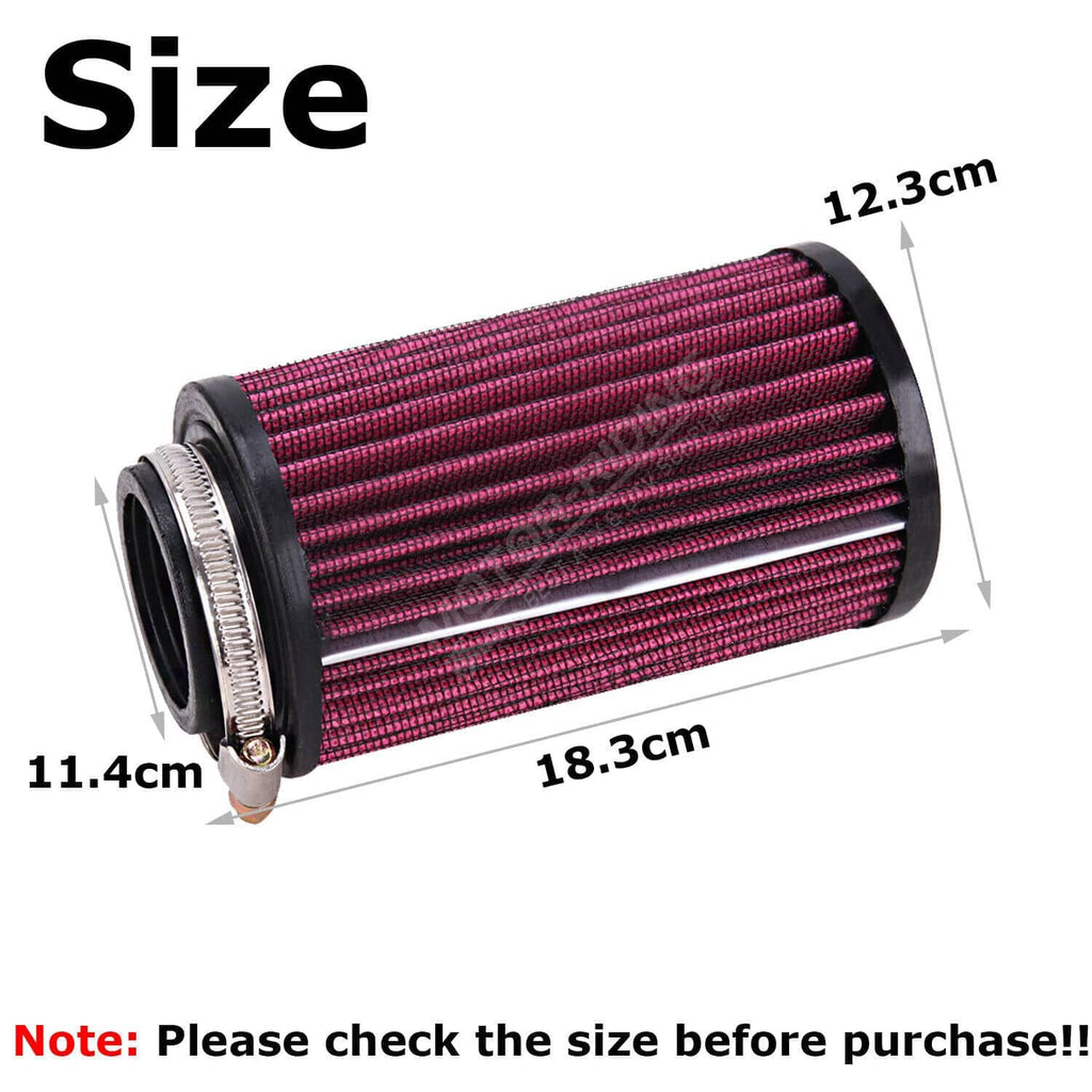 Air pod filter with red pleated element and labeled measurement lines