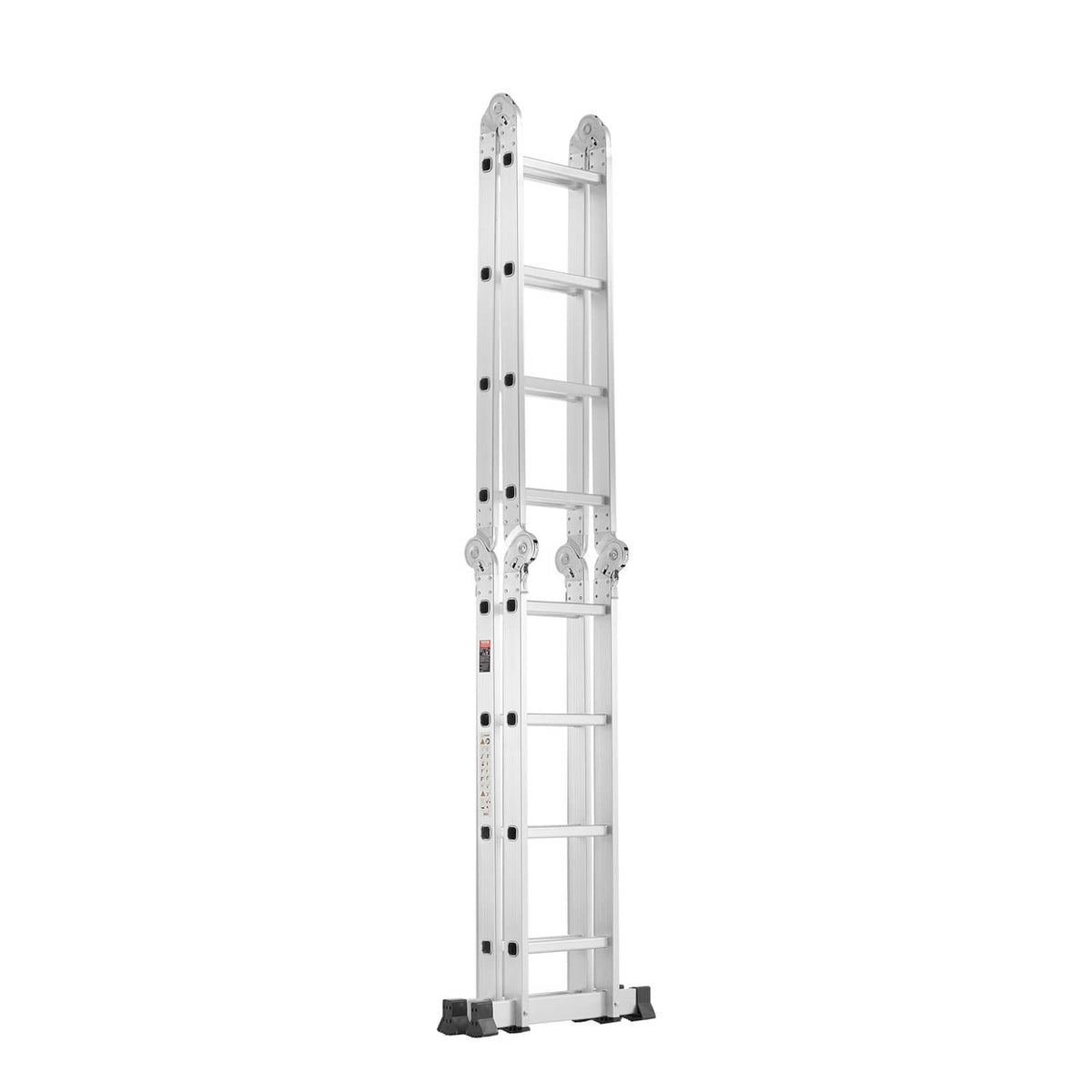 4-step folding ladder, light gray aluminum, tall side view with locking hinges