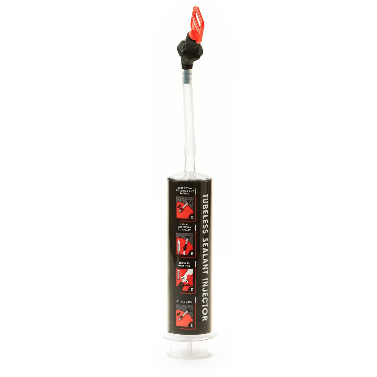 Tubeless sealant injector in a standing cylinder with red cap and clear nozzle