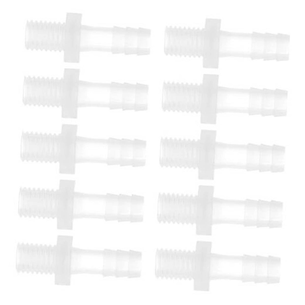 White plastic hose barb adapter set with barbed ends and external M10 thread