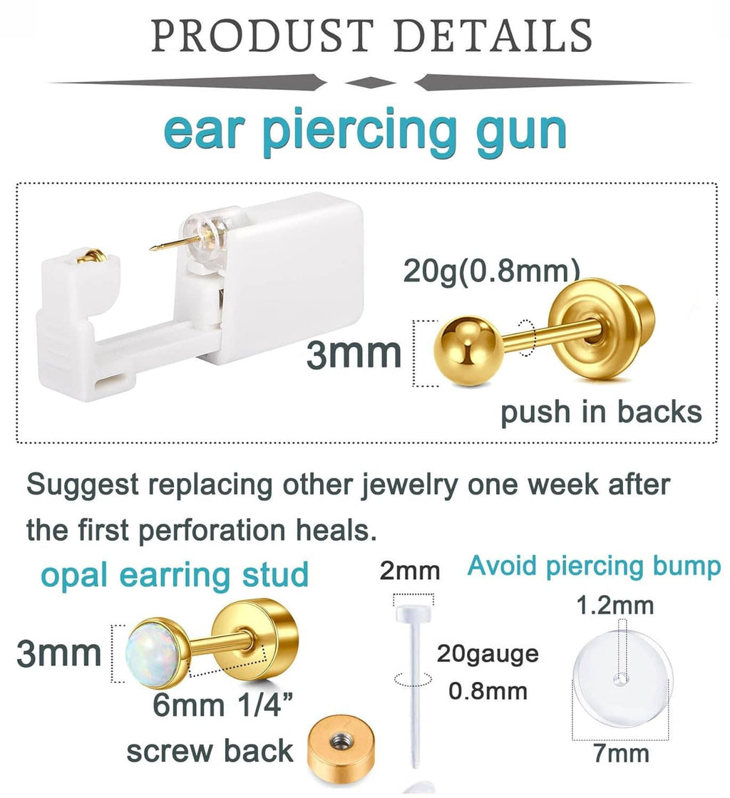 White ear piercing gun with gold opal stud earrings and push-in back posts