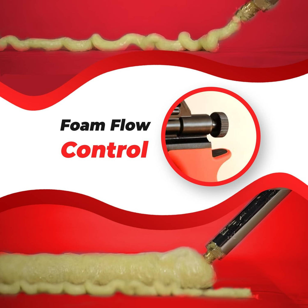 Foam spray gun foam flow control close-up with brass insert and expanding foam