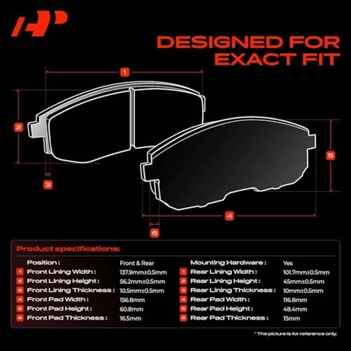 Front and rear ceramic brake pads with designed exact-fit dimensions diagram