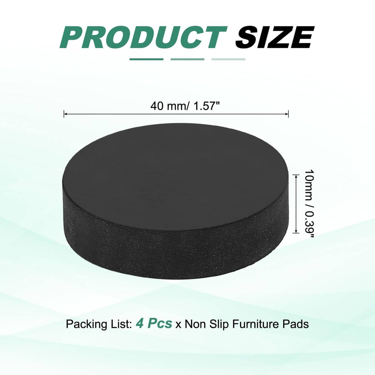 Black round non-slip furniture pad shown with size dimensions, single disc view