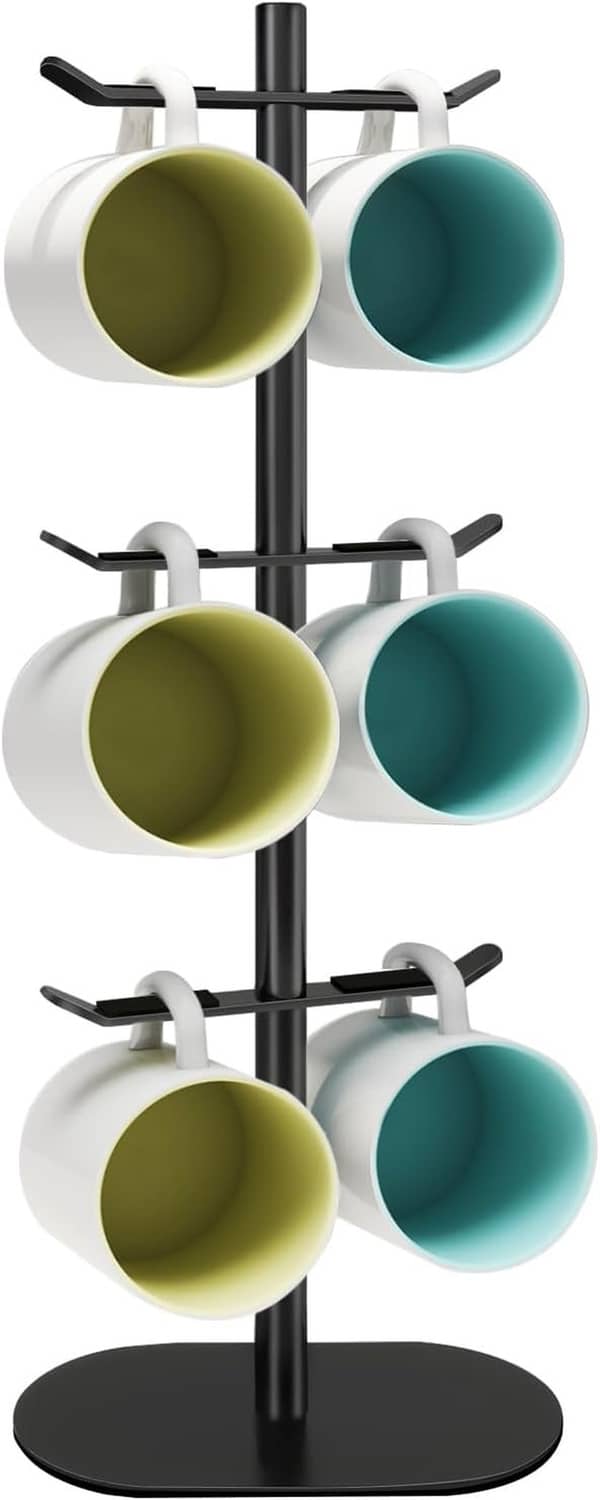 Three-tier cup holder rack with black stand; white holders hold green and teal cups.