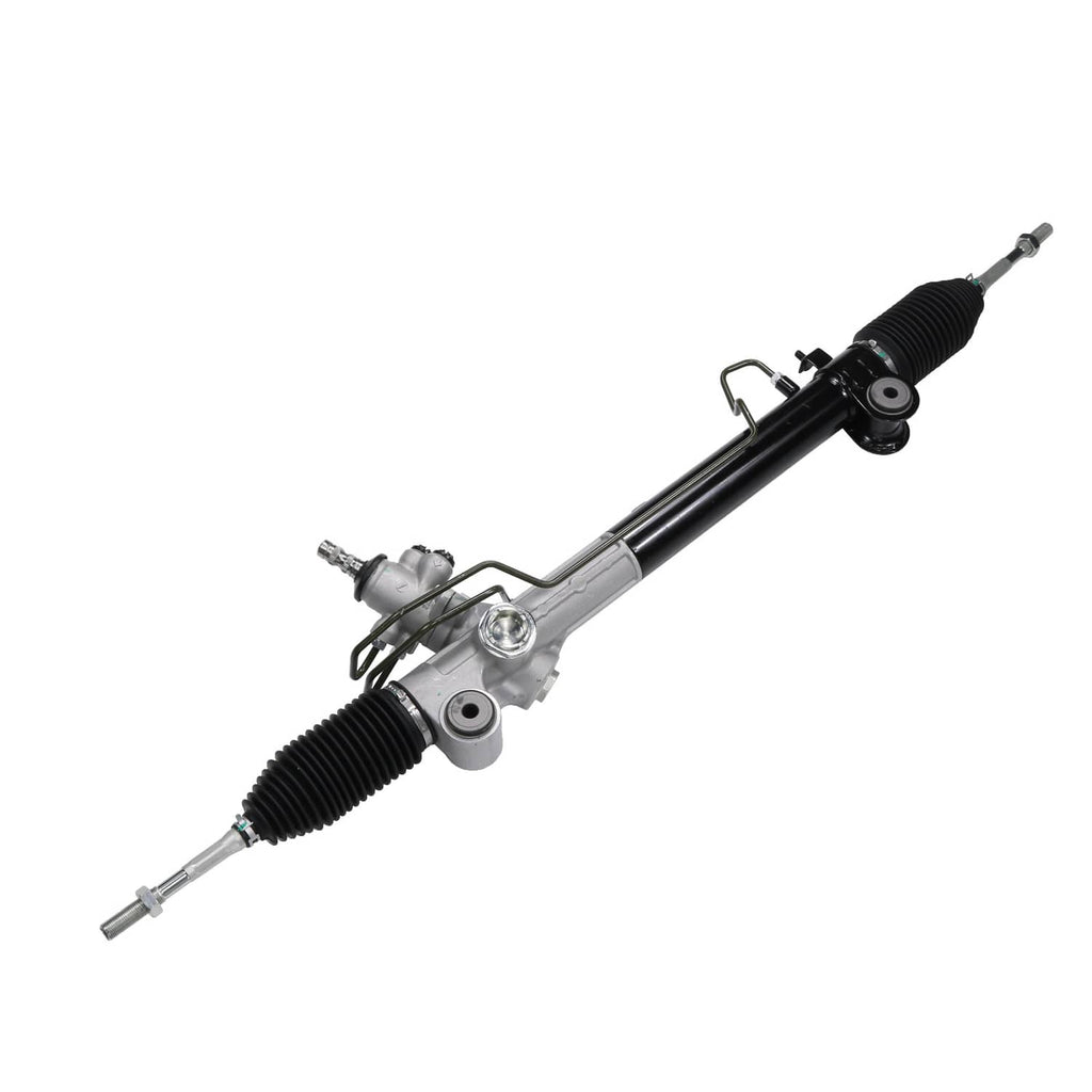 Power steering rack and pinion assembly with black rubber boots and metal housings