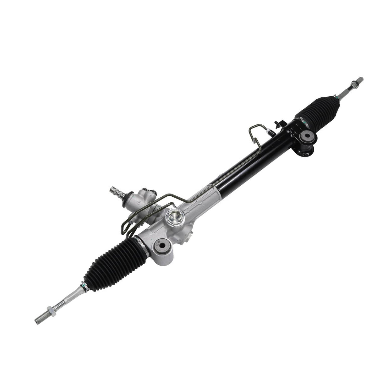 Power steering rack and pinion assembly with black rubber boots and metal housings