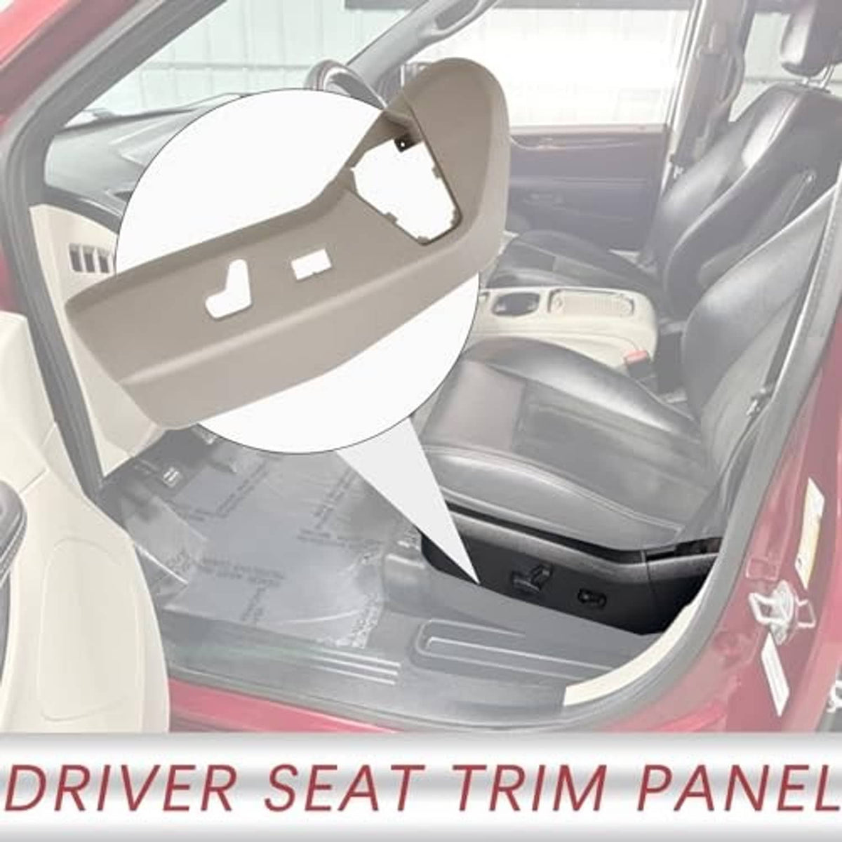 Beige driver seat trim panel installed on car door with seat switch cutout
