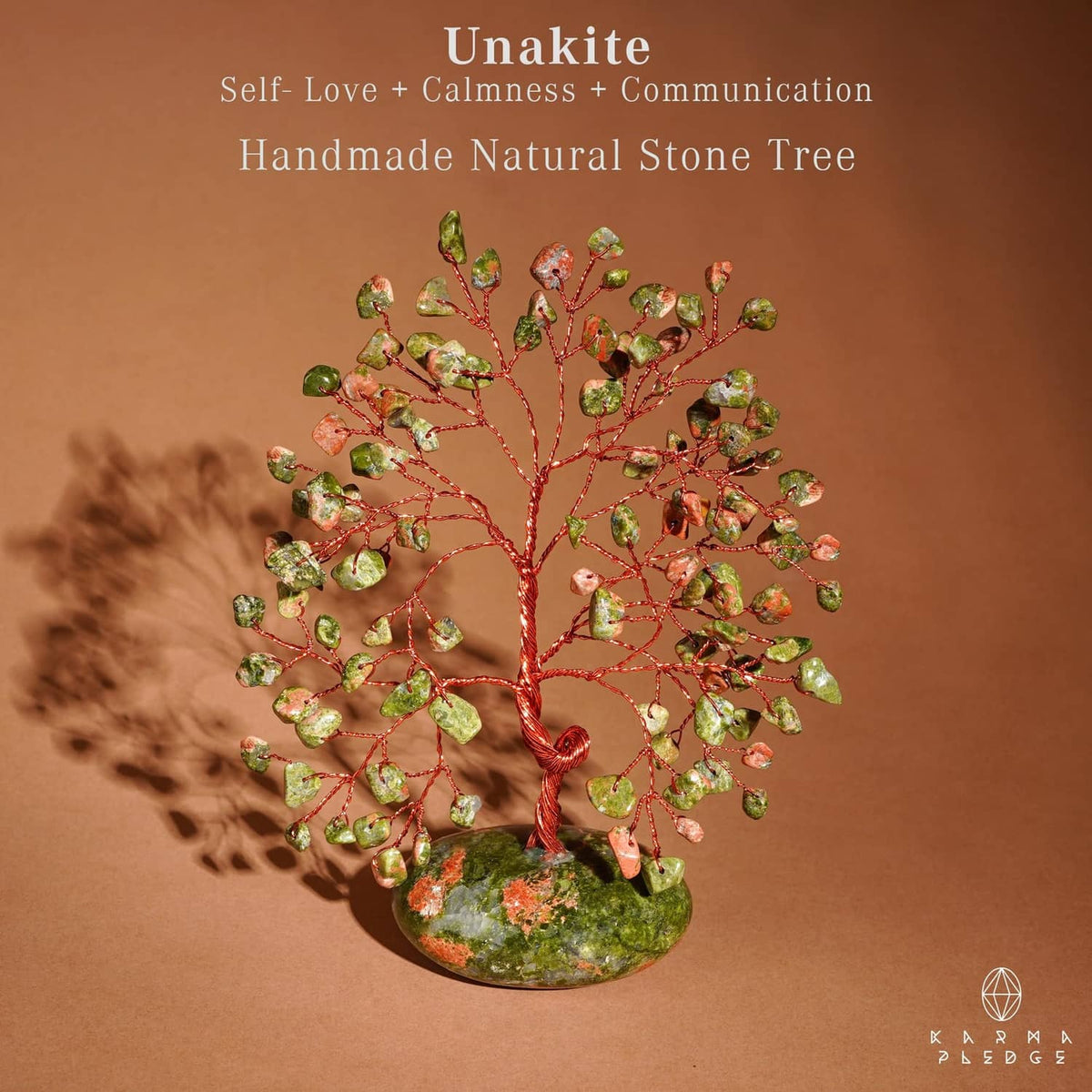 Unakite stone tree sculpture with red wire trunk and green-orange speckled base