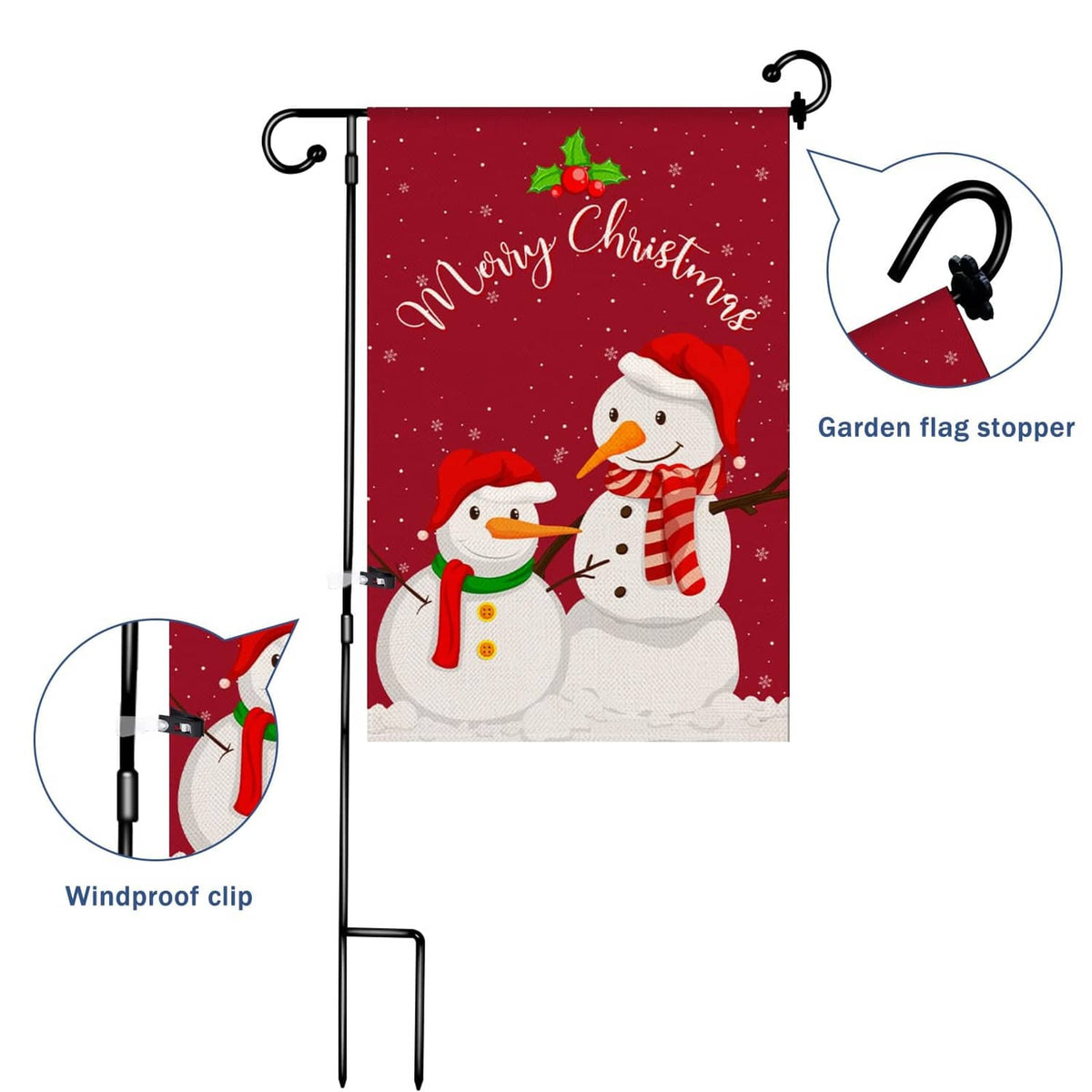 Black garden flag stopper with clip hardware securing a small banner