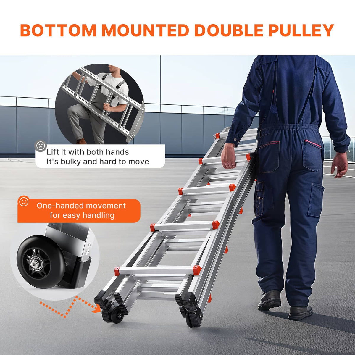 A-frame extension ladder with orange rung accents and dual-pulley base wheels
