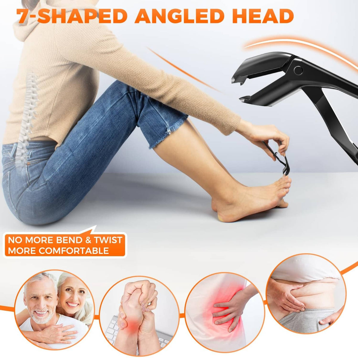 Black angled toenail clippers held for trimming, with wide angled head