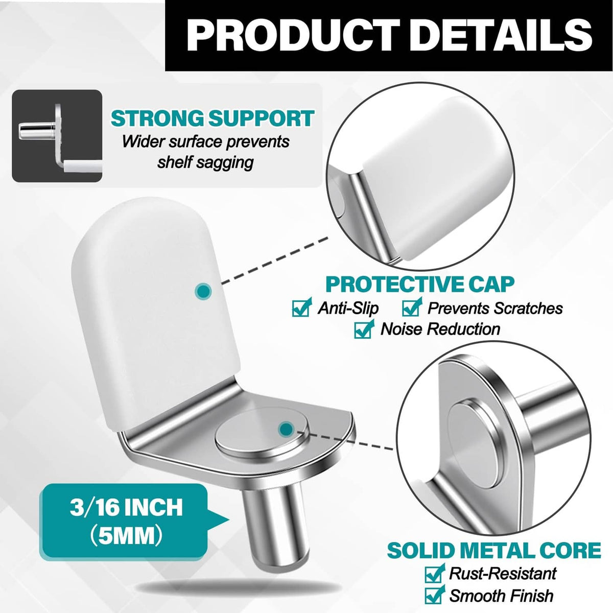 White and silver shelf peg with anti-scratch protective cap and solid metal core pin