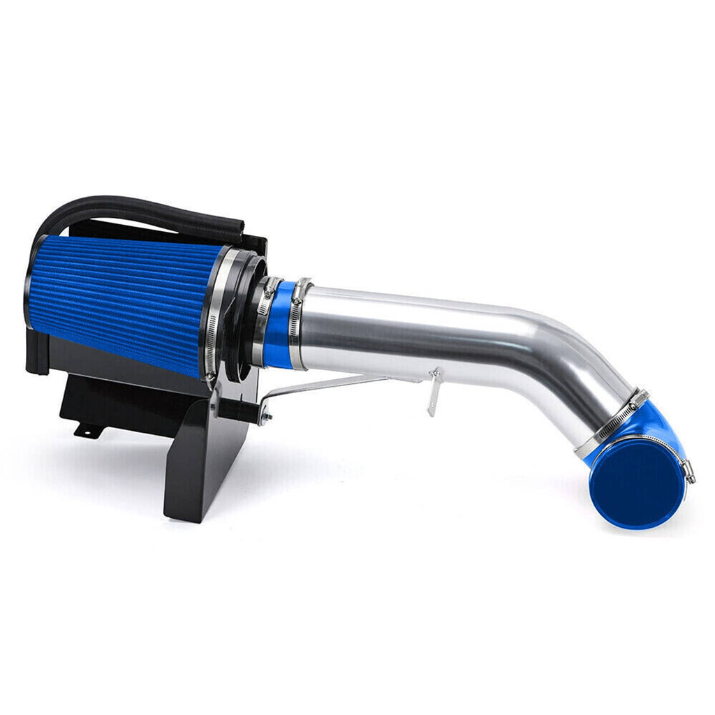 Blue cone air filter with silver curved tubing and blue intake outlet on black mount.