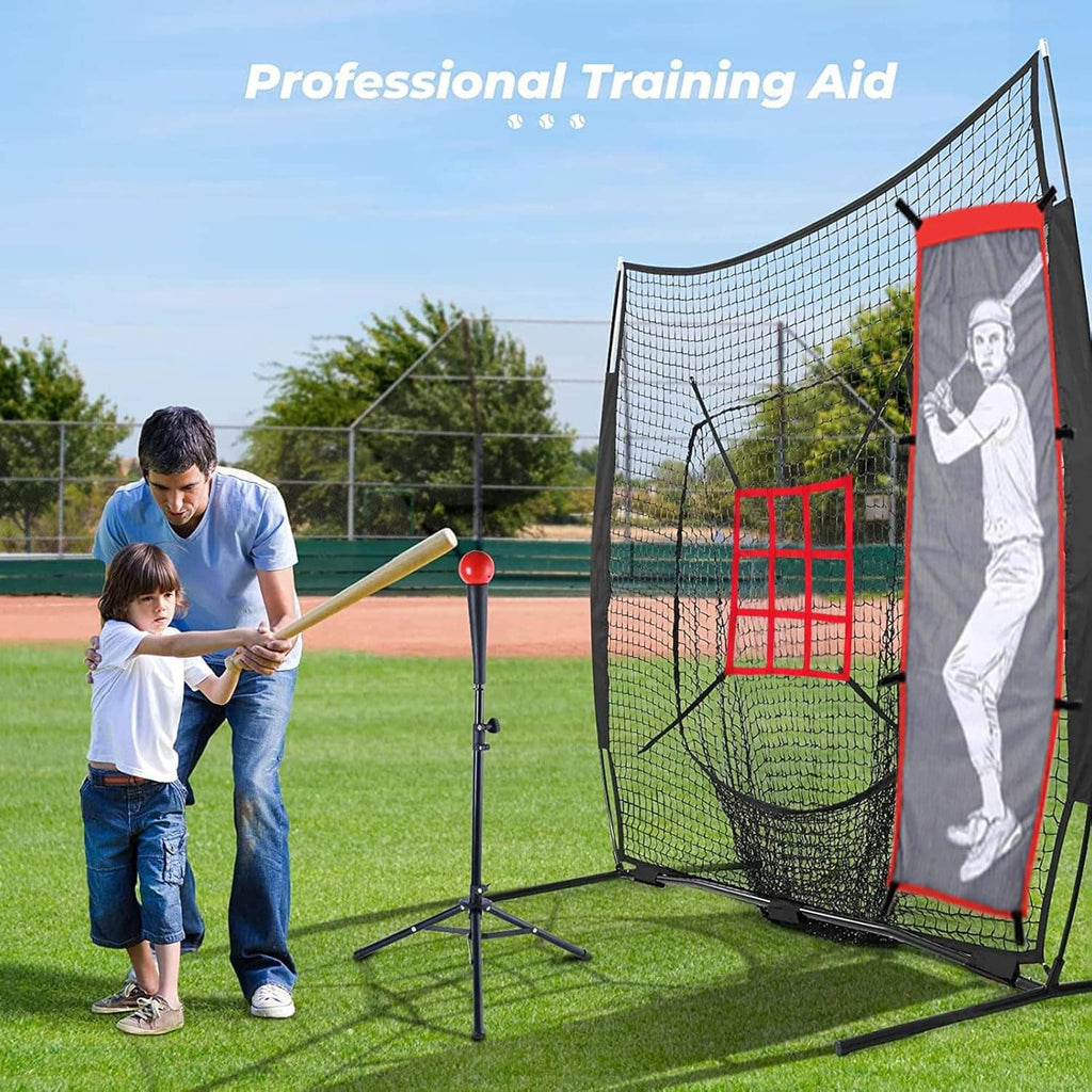Baseball practice pitching net with red frame, gray batter panel, and mesh catching net