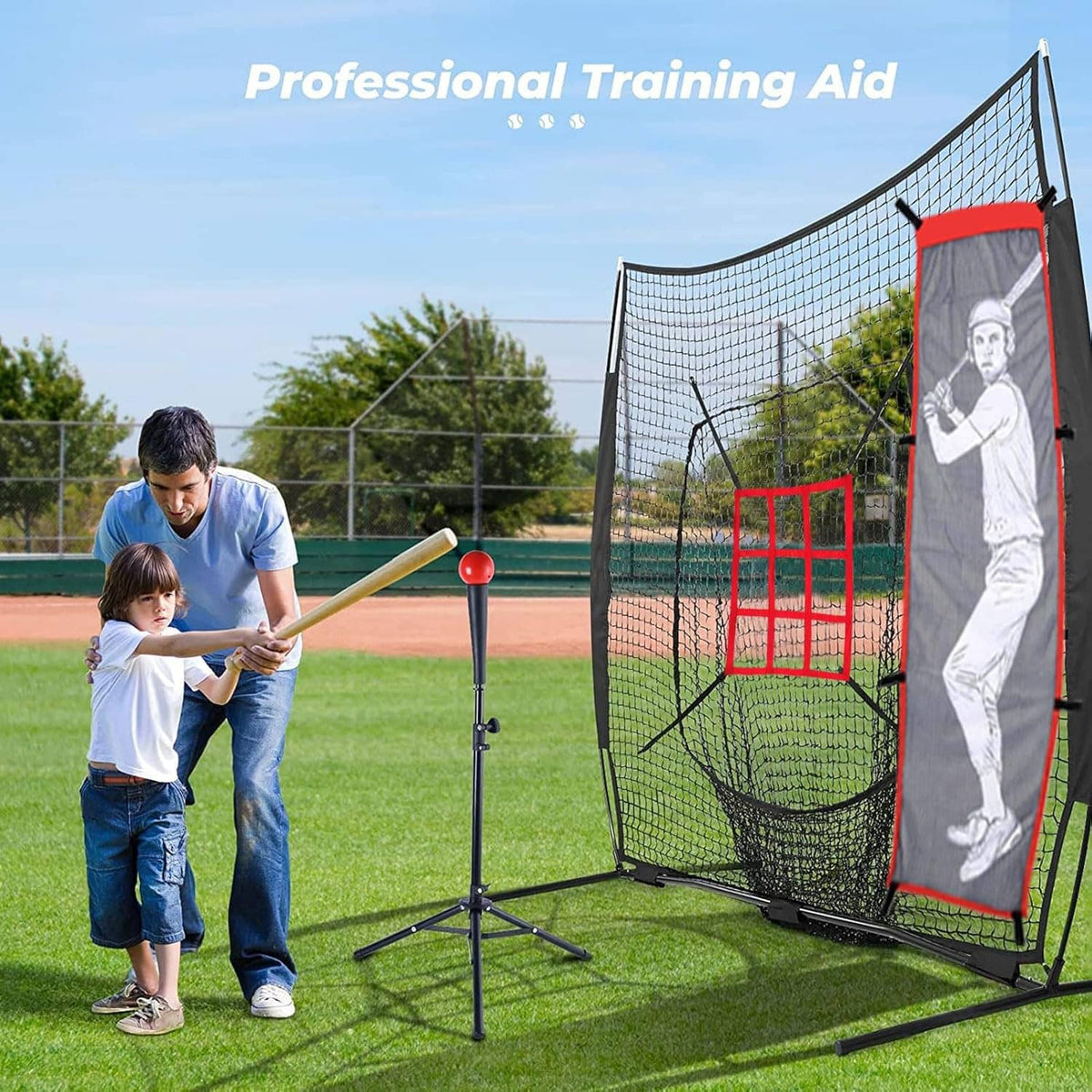 Baseball practice pitching net with red frame, gray batter panel, and mesh catching net