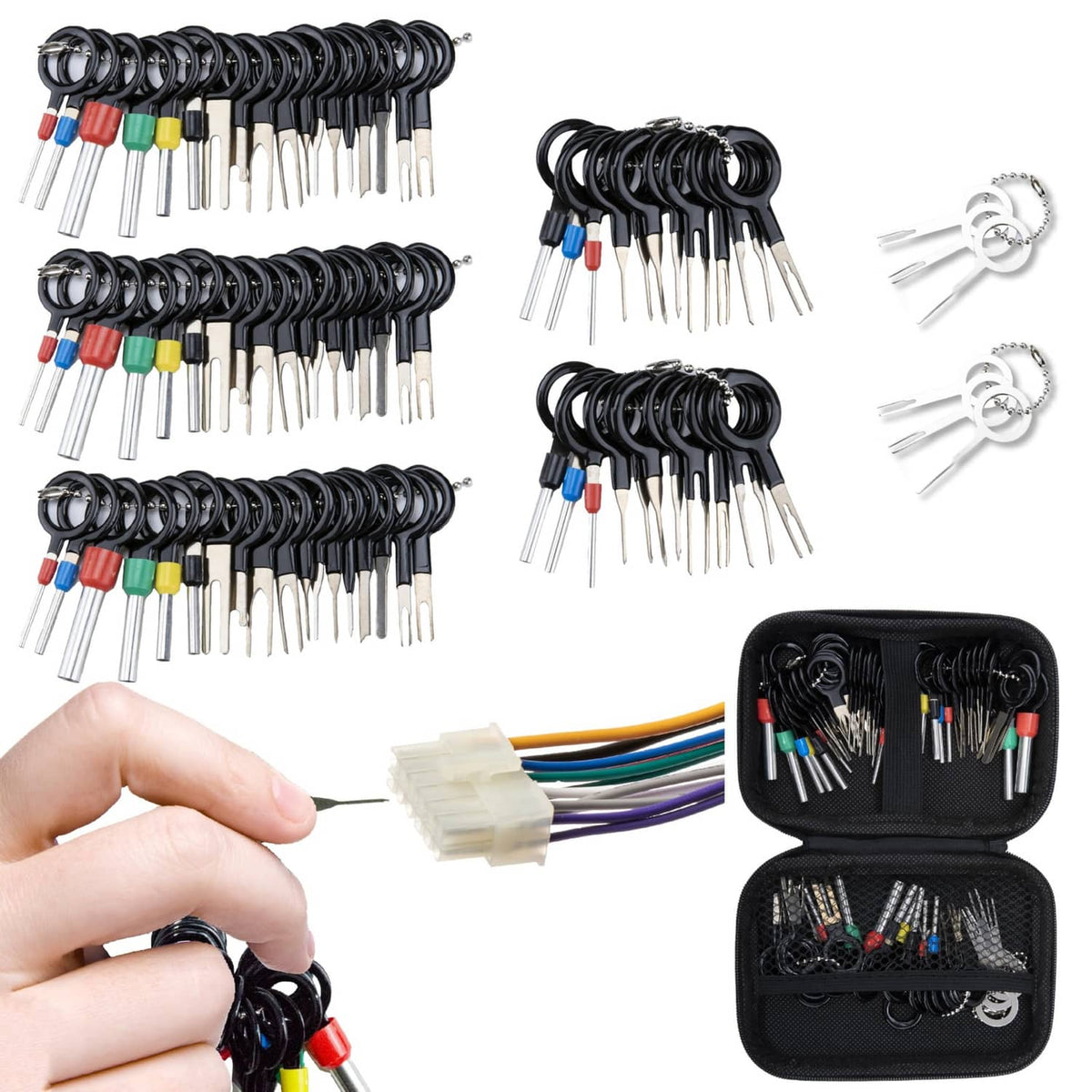 Pin extractor tool kit with black zip case and bundled needle extractors