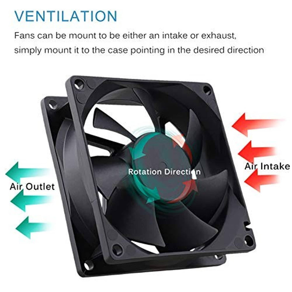 DC brushless cooling fan showing airflow intake/outlet and rotation direction