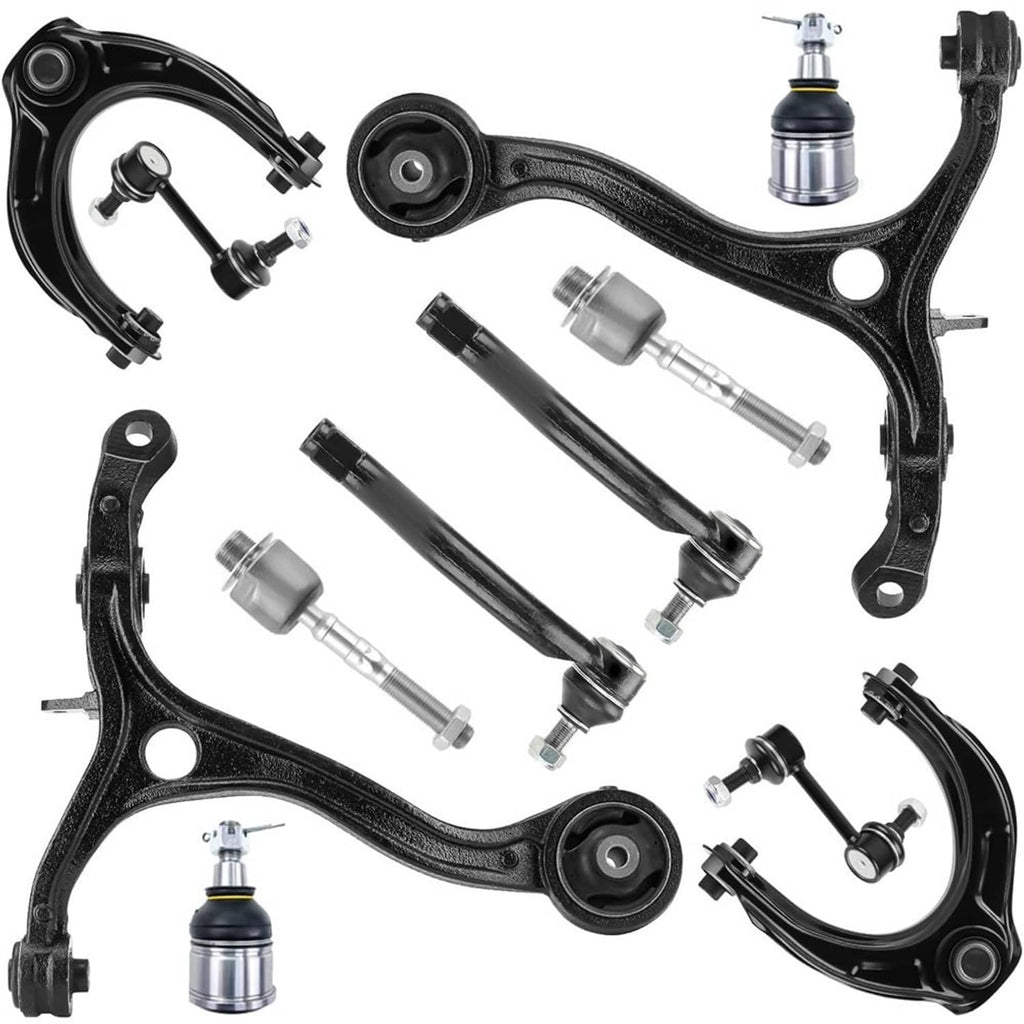 Front suspension control arm kit parts with black arms, joints, and silver shafts