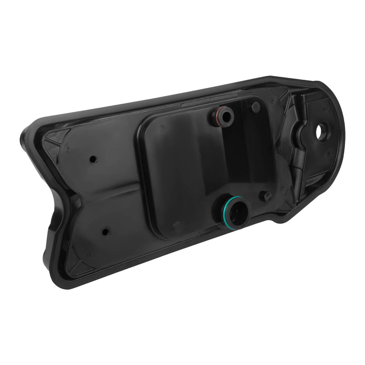 Black crankcase ventilation filter housing with side outlet port and mounting points