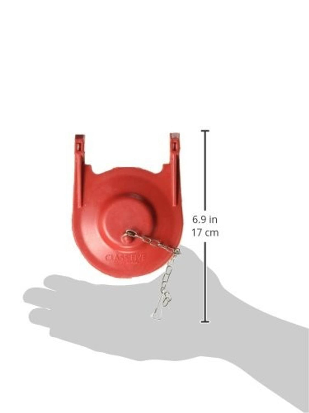 Red toilet flapper valve with chain, viewed from side; 6.9 in height