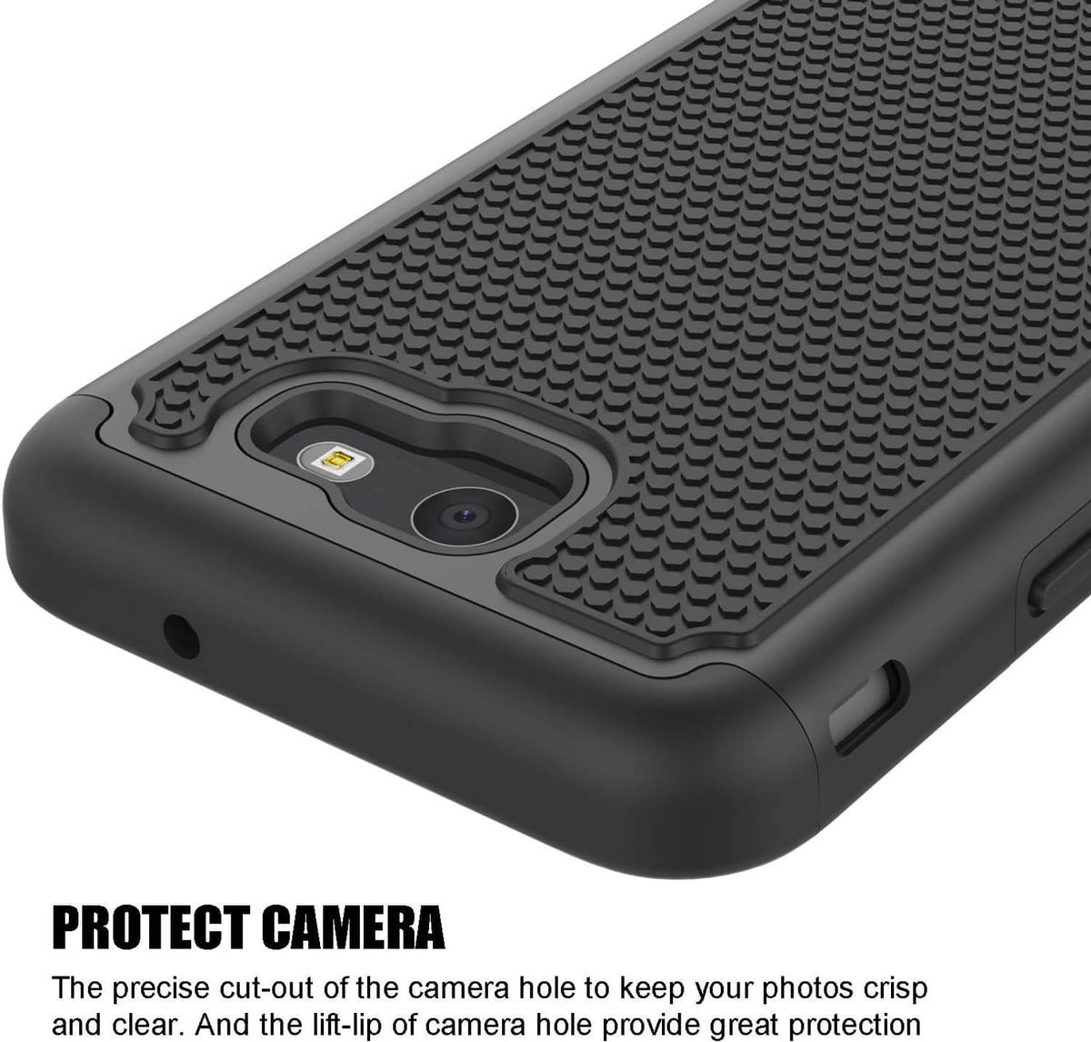 Shockproof phone case close-up of raised camera area with textured grip pattern