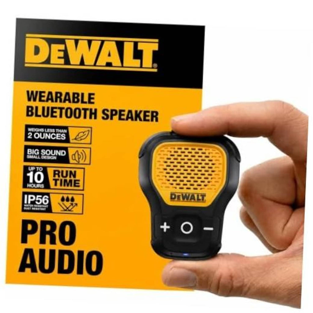 Yellow and black clip-on wearable Bluetooth speaker with control buttons